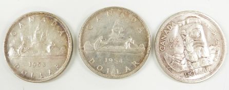 Three Canadian dollars comprising 1953, 1954 and 1958