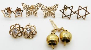 Four pairs of 9ct gold earrings (5.1g) and a pair of silver gilt earrings