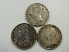 A trio of Victorian crowns to include young head 1847 XI, 1893 veiled head and an 1890 Jubilee
