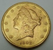 1892 USA Liberty head twenty dollar gold coin, San Francisco Mint, 33.4g