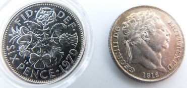 George III 1816 bull head sixpence, VF-EF, this being the first date of the new size/ type issued
