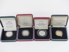 Four cased Royal Mint silver proof coins comprising 1994 Tercentenary two pound, 1996 football two
