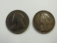 Two veiled head Victorian crowns for 1894 and 1896, LVIII and LX, dark tone, VF-EF