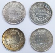 Four young head Victorian sixpences, three for 1868 and a further 1869 examples, die numbers 7,