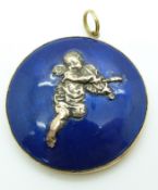 A 9ct gold pendant set with blue enamel and a cherub in relief to the centre, with a mirror verso,