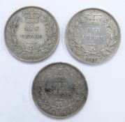 Three Victorian young head sixpences, F-NVF, 1850, 1853 and 1859