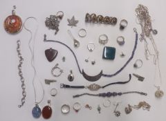A quantity of silver jewellery including bracelet set with tiger's eye, Caithness ring, cufflinks,