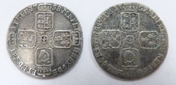 George II 1757 and 1758 old head plain angles sixpences, both F