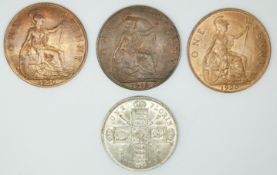 George V 1915 florin together with two George VI 1920 pennies, both near uncirculated and a