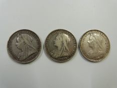 A trio of Victorian crowns comprising a run of veiled head examples, 1893, 1894 and 1895