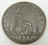 1879 Victorian later young bust bronze penny, OT, near unc