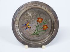 Victorian hallmarked silver and enamel pin dish decorated with butterfly in foliage, Birmingham 1888