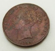1858 Victorian copper farthing NEF, with red toning