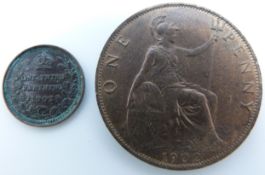 Edward VII 1902 normal tide penny, EF-unc, with lustre, together with a 1902 third of a farthing,