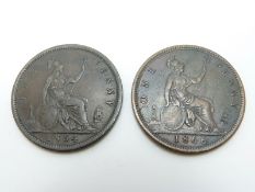 1864 plain 4 Victorian young head bronze penny, VF, together with an 1866 example, VF