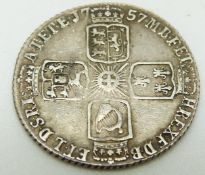 1757 George II sixpence, older head, plain angles reverse, VF