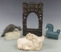 Cast metal dragon, Chinese silver wire inlaid carved frame, pottery horse, French sculpture