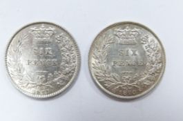 1870 and 1873 young head Victorian sixpences with die numbers, GVF-EF