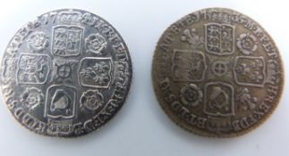 George II 1735 young head sixpence, roses and plumes reverse, GF, together with a 1741 example,