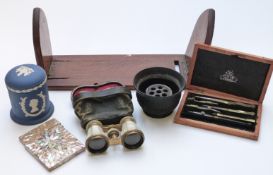 An oak booksafe, mother of pearl opera glasses, drawing set, card case, Wedgwood etc