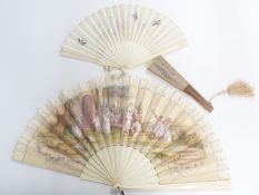 Two Chinese fans including a carved bone examples, largest 24cm, with embroidered decoration and