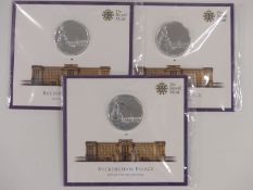 Three Royal Mint 2015 £100 fine silver Buckingham Palace coins, in original packaging