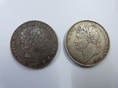 George III 1818 LVIII crown together with a George IV 1821 SECUNDO example, both F-VF