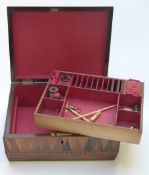 A 19thC marquetry and parquetry sewing box with fitted interior with original turned treen tape