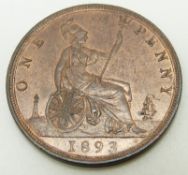 1893 later young head Victorian bronze penny, unc with lustre