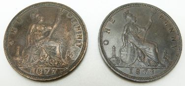 1877 Victorian later young bust bronze penny, OT BB, GVF-EF, some lustre, together with an 1878