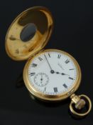 Waltham 18ct gold keyless winding half hunter pocket watch with inset subsidiary seconds dial, blued