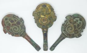 Three bronze Chinese Han Dynasty belt hooks, with bat motif, 9.5cm