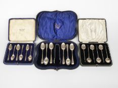 Three cased sets of hallmarked silver teaspoons, one with tongs, weight of silver 155g all in