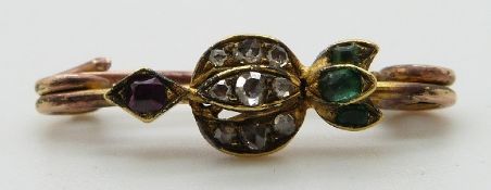 Victorian 9ct gold brooch set with a ruby, rose cut diamonds and emeralds