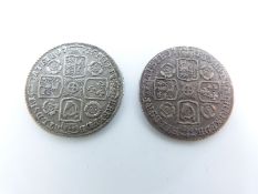 George II 1743 old head sixpence, rose in angles reverse GF, together with a 1745 example