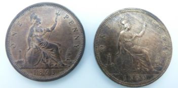 Victorian 1860 bronze young head penny TB together with an 1863 example, VF-EF, both with lustre