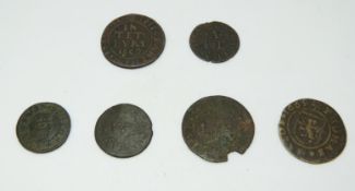 Six 17thC provincial Gloucestershire halfpenny and farthing trade tokens to include Tetbury,