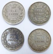 Four 1864 young head Victorian sixpences, die numbers 8, 18 and 36, VF
