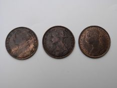1887, 1888 and 1889 Victorian bronze pennies, EF-NEF, some lustre, 3 coins