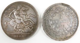 1889 Victorian Jubilee crown VF together with an 1875 French five Franc coin