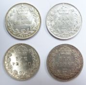 Four veiled head Victorian sixpences comprising two 1895 and 1896, and an 1899 example, all EF or