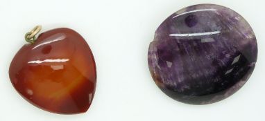 A Blue John brooch, 3.2cm diameter and an agate heart shaped pendant