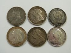 Six Victorian crowns comprising five veiled head and a Jubilee example, 1890, 1893, 1894, 1896, 1897