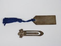 Two hallmarked silver bookmarks, one with comedy and tragedy masks, the other with feature