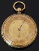 Rob Roskell of Liverpool 18ct gold open faced pocket watch with gold hands, Roman numerals, engraved