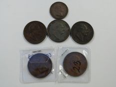 Five 1831 VF William IV copper pennies, no initials, together with a halfpenny with WW to