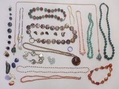 Necklaces including malachite, coral, shell and agate, Victorian banded agate earrings, agate