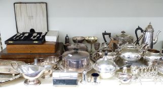 A quantity of silver plate including Elkington,Harrods, large tray teaware etc,