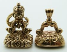 A 9ct gold fob set with an intaglio onyx seal and a Victorian fob set with agate carved with musical