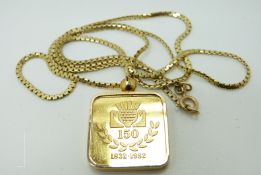 Jardine Matheson commemorative Chinese half Tael of gold on 14ct gold chain, 30.26g